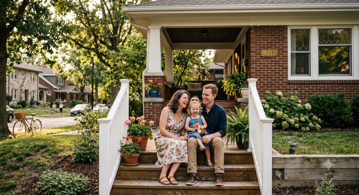 Young family on the porch · Brookside